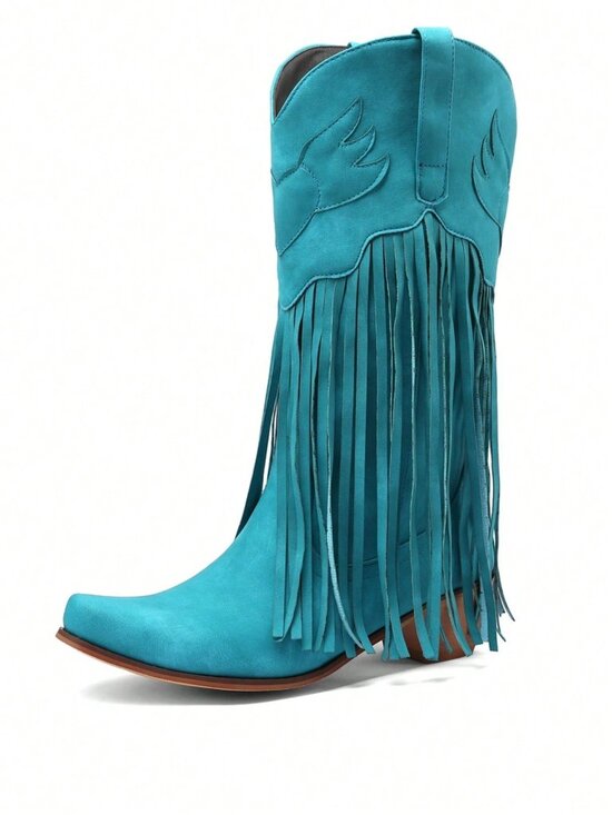 Blue Turquoise  Western Women's Cowboy Mid Calf Fringe Pull On Boots - Picture 6 of 7